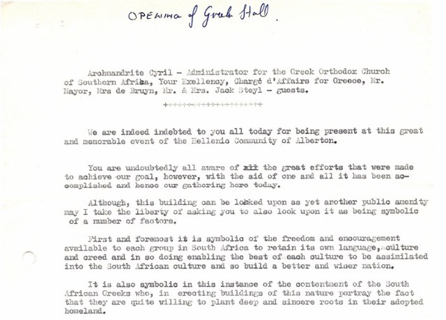 Speech on the Occasion of the Opening of the Alberton Hellenic Hall 2 December 1967
