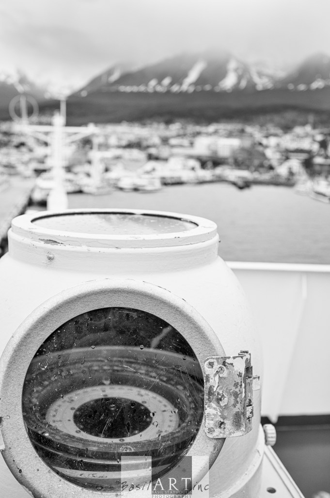 The ships backup magnetic compass; looking back at Ushuaia.